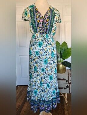 Temofon Boho Floral V Neck Maxi Dress Teal Cottagecore Fairycore Summer Size M